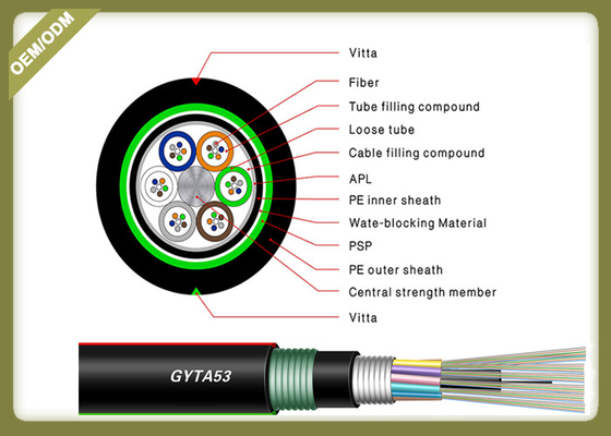 China GYTA53 Direct Bury Waterproof Fiber Optic Cable 12C 24C 36C 48C 72C 96C 144C Monomodo supplier